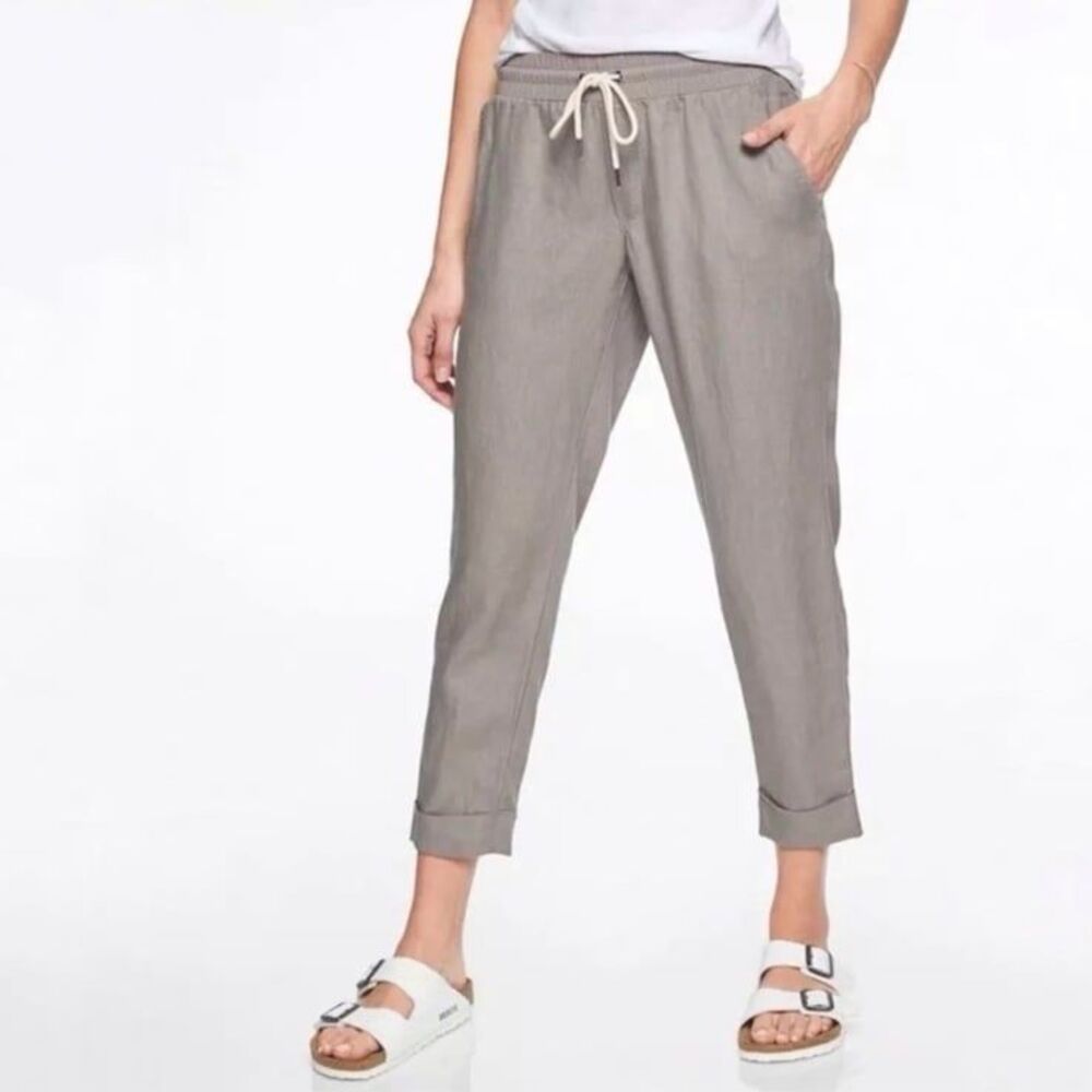 Athleta Linen Bali Ankle Relaxed Fit Cuffed Pant Taupe Silver Gray 6 EUC